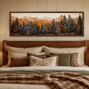 Peut inclure: Une œuvre d'art murale encadrée de forme rectangulaire représentant un paysage panoramique d'une forêt dense avec des pins aux tons verts, bleus et orange, devant des sommets montagneux brun clair superposés sous un ciel pâle.