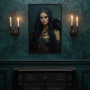 a dark, moody scene with a woman in a dark dress and a black bird, both illuminated by two candles on either side of a framed portrait. The background is a dark green color, which complements the overall atmosphere of the image.