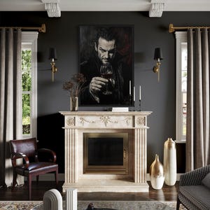 Gothic Vampire Wall Art with Red Wine, Dark Academia Aristocrat Portrait Painting, Dracula Aesthetic Decor, Framed Ready To Hang