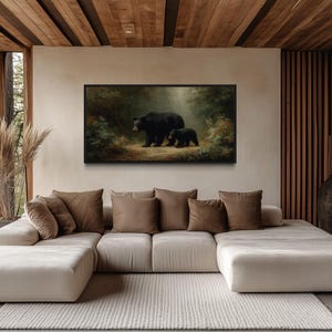 Black Mama Bear And Cub Wall Art Rustic Forest Animal Wall Art, Wildlife Painting Canvas Print For Cabin Decor Framed Ready To Hang