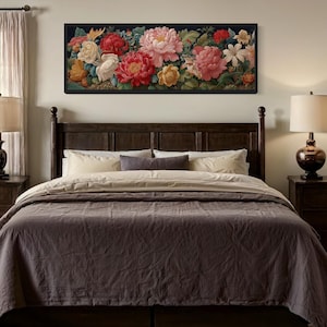 Long Horizontal Floral Framed Tapestry Wall Art, Antique Style Peonies And Roses Wall Art For Bedroom, Vintage Flower Decor Ready To Hang