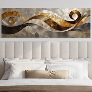 Gold Silver Abstract Swirl Wall Art - Long Horizontal Modern Metallic Painting Canvas Print Above Couch or Bed Decor Framed Ready To Hang