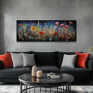 Spring Wall Art Colorful Wildflowers Field Painting Canvas PRINT, Boho Long Horizontal Panoramic Over Bed Wall Art Framed Ready To Hang