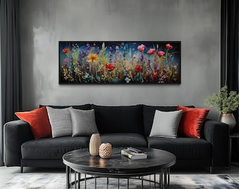 Spring Wall Art Colorful Wildflowers Field Painting Canvas PRINT, Boho Long Horizontal Panoramic Over Bed Wall Art Framed Ready To Hang