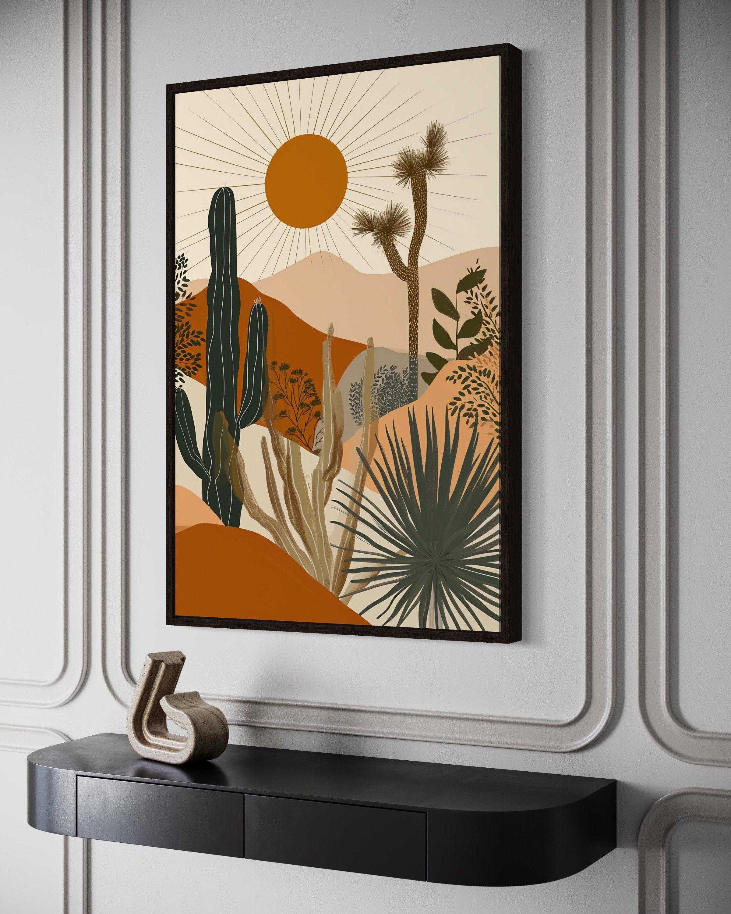 Boho Saguaro Cactus Wall Art, Cactus in the Desert With Sun Painting ...