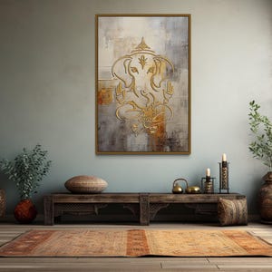 Minimalist White Gold Ganesha Wall Art, Ganapati Abstract Painting Canvas PRINT, Indian Deity, Yoga Room Decor Framed Ready To Hang