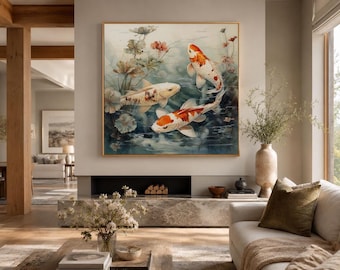 May include: A square wall art piece featuring a painting of three koi fish swimming in water with aquatic plants. The fish are white with orange and black markings. The painting is displayed in a thin gold frame above a fireplace in a room.