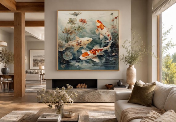 Koi Fish Wall Art - Colorful Koi in The Pond Square Painting Canvas Print - Zen Art, Japanese Wall Decor, Framed, Unframed, Ready To Hang