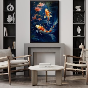 a modern living room with a large painting of two koi fish swimming in a pond, surrounded by flowers, hanging on the wall above a fireplace. The room is furnished with two chairs and a coffee table, creating a cozy and inviting atmosphere.