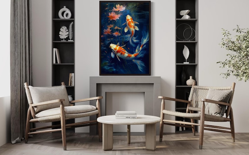 a modern living room with a large painting of two koi fish swimming in a pond, surrounded by flowers, hanging on the wall above a fireplace. The room is furnished with two chairs and a coffee table, creating a cozy and inviting atmosphere.
