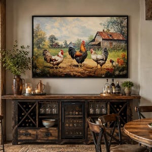 Farmhouse Wall Art, Roosters Chickens Retro Painting Canvas PRINT, Farm Wall Decor, Farm Kitchen Art Framed Unframed Ready to Hang image 3