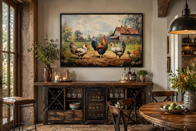 Farmhouse Wall Art, Roosters Chickens Retro Painting Canvas PRINT, Farm Wall Decor, Farm Kitchen Art Framed Unframed Ready to Hang image 3