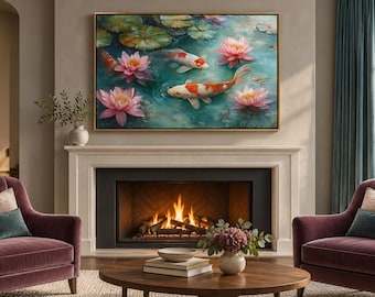 May include: A rectangular wall art print featuring a vibrant pond scene with orange and white koi fish swimming among blooming pink lotus flowers and green lily pads, all enclosed within a thin, dark-toned wooden frame.
