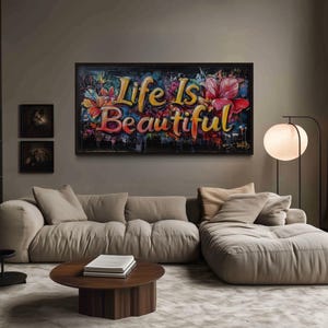 Life Is Beautiful Graffiti Wall Art, Colorful Urban Street Art Canvas, Inspirational Quote Painting, Framed Ready To Hang