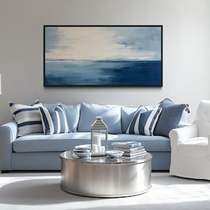 Abstract Minimalist Ocean Navy Blue Grey Painting Canvas PRINT, Coastal Wall Decor, Living Room, Bedroom Decor Ready To Hang
