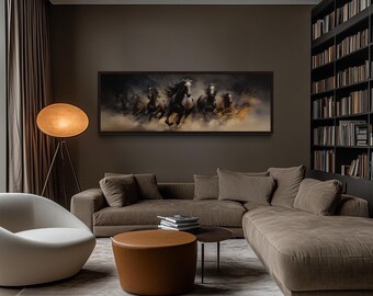 Wild Horses Running Long Horizontal Canvas Print, Black Brown Horse Wall Art for Men's Bedroom Above Bed Western Art Framed Ready To Hang