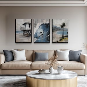 Set of 3 California Coastal Canvas Prints - Surfboard Wave Painting, Lifeguard Tower, Palm Beach Wall Art, Modern Beach House Decor