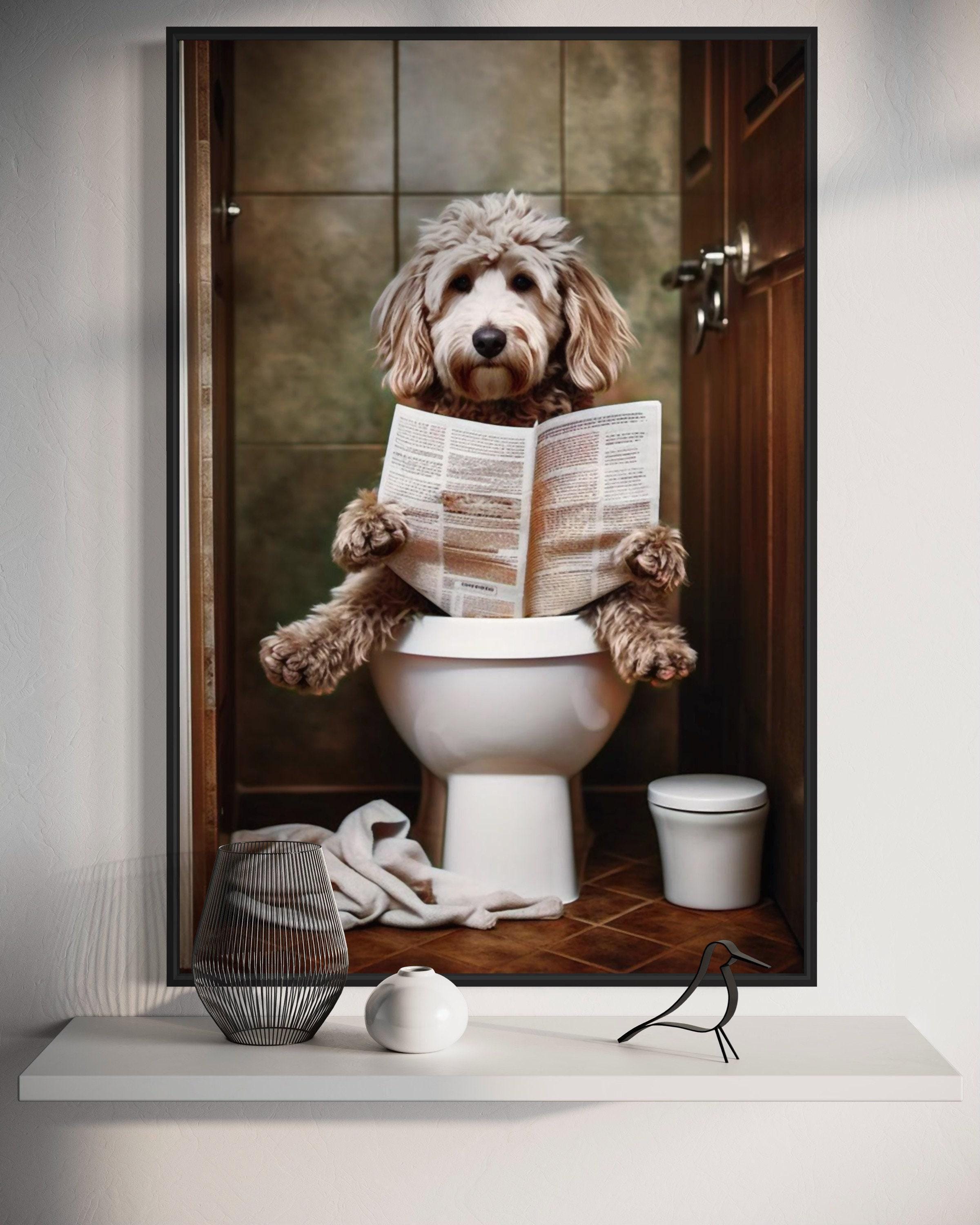 Goldendoodle Dog on the Toilet Reading Newspaper, Funny Bathroom