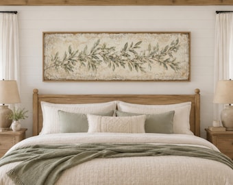 Olive Branch Above Bed Wall Art, Long Narrow Farmhouse Canvas Print, Sage Green Botanical Painting, Bedroom Decor, Cottage Artwork