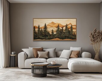Fir Tree Forest And Mountains Wood Painting Printed on Canvas, Rustic Cabin Wall Decor, Framed Ready To Hang