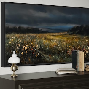 Moody Wildflowers At Night Canvas Wall Art, Antique Style Dark Floral Landscape Painting For Bedroom Cottage Wall Decor Framed Ready To Hang