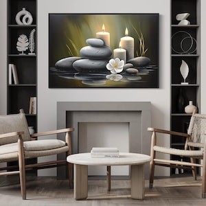 Zen Wall Art - Stones and Candles Painting - Stacked Rocks Yoga, Feng Shui Painting Printed On Canvas   Framed Or Unframed Ready To Hang
