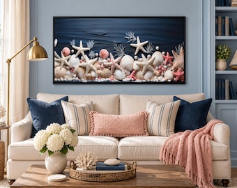Navy Blue Nautical Coastal Wall Art - Pink Starfish And Seashells Painting On Navy Blue Wood Texture Canvas PRINT Decor Framed Ready To Hang