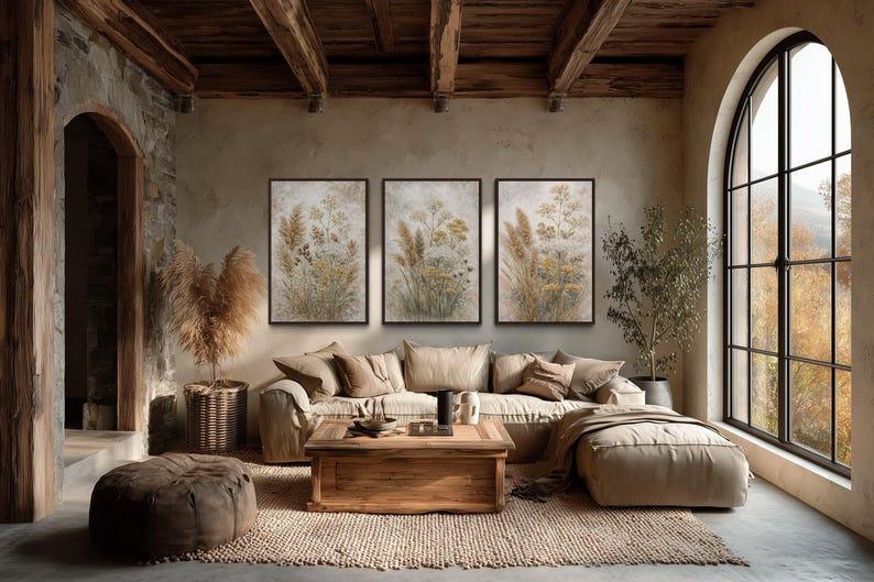 Neutral Wildflower Wall Art Set of 3 Canvas Prints, Botanical Meadow ...
