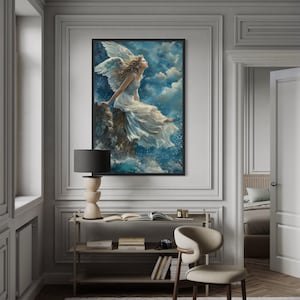 Beautiful Angel in Heaven Wall Art, Angel Sitting On Top A Mountain Among Clouds, Modern Christian Religious Spiritual Artwork Ready To Hang