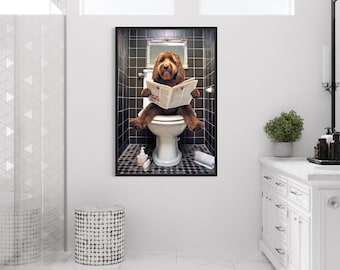 Red/Brown Goldendoodle Dog On The Toilet Reading Newspaper, Funny Bathroom Art, Toilet Humor Animal Canvas Print Framed Ready To Hang
