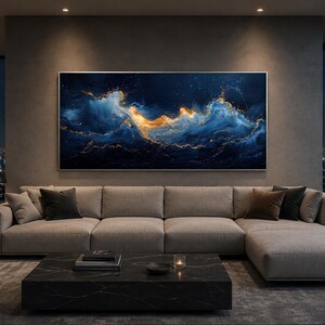 Abstract Navy Blue Gold Ocean Wave Painting Canvas PRINT, Minimalist Modern Ocean At Night Wall Art, Seascape, Art For Mens Bed image 3