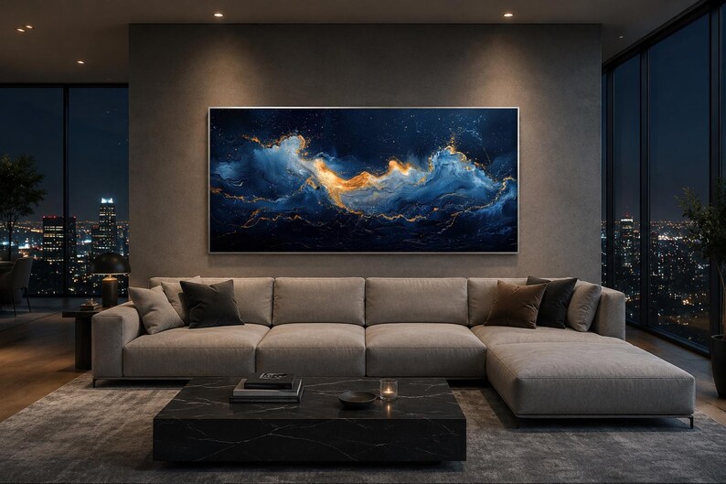Abstract Navy Blue Gold Ocean Wave Painting Canvas PRINT, Minimalist Modern Ocean At Night Wall Art, Seascape, Art For Mens Bed image 3