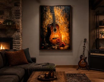 Acoustic Guitar With Candle And Rose Romantic Painting Canvas PRINT, String Instruments Decor, Gift for Musicians, Music Room Wall Art