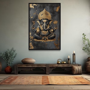 Lord Ganesha Wall Art – Gold and Black Hindu Deity Canvas Print, Indian God Ganapati Artwork for Home or Meditation Room