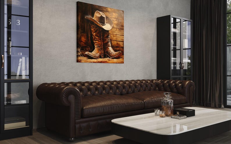 a cozy living room with a brown leather couch, a white coffee table, and a framed painting of a cowboy boot and hat on the wall.