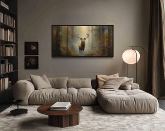 Elk in Foggy Forest Extra Large Wall Art - Wildlife Wall Art - Cabin Decor - Deer Painting Printed On Canvas Framed, Unframed, Ready To Hang