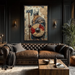 Viking Warrior Wall Art – Axe and Shield Norse Fighter Canvas Print for Man Cave, Game Room Wall Decor – Framed Ready To Hang