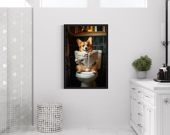 Corgi On The Toilet Reading Newspaper, Funny Bathroom Art, Toilet Humor Animal Print or Canvas Framed Unframed Ready To Hang