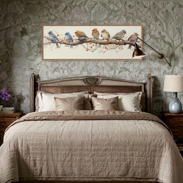 Panoramic Small Birds Perched On a Branch Watercolor Painting Farmhouse Decor  Print On Long Horizontal Canvas Framed Unframed Ready To Hang