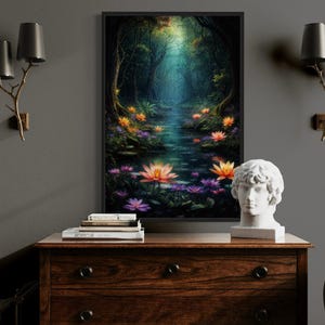 a wooden dresser with a bust of a person on top, a stack of books, and a painting of a forest with a stream and colorful flowers. The dresser is situated in a room with a gray wall, and there are two wall sconces above it.