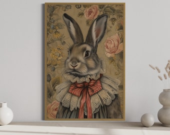 Retro Bunny Wall Art, Victorian Rabbit Painting Canvas PRINT, Rustic Wall Decor, Farmhouse Easter Artwork Framed Unframed Ready To Hang
