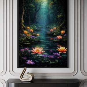 a serene forest scene with a winding path surrounded by vibrant flowers and lush greenery.