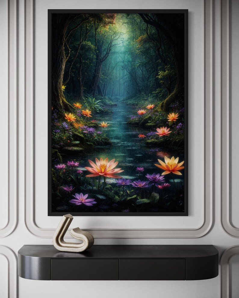 a serene forest scene with a winding path surrounded by vibrant flowers and lush greenery.