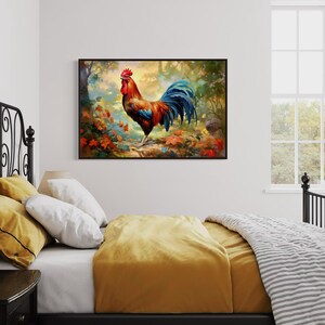 a bedroom with a bed, a nightstand, and a painting of a rooster on the wall.