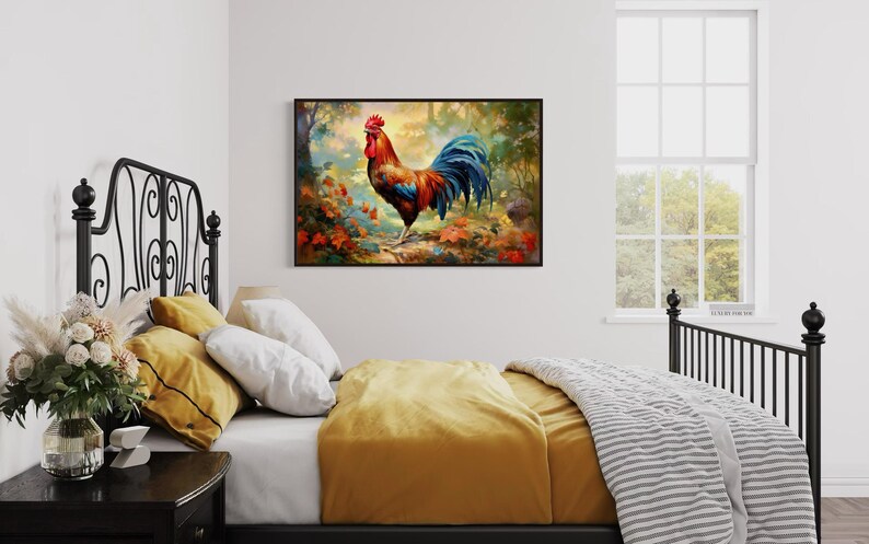 a bedroom with a bed, a nightstand, and a painting of a rooster on the wall.