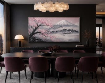 Pink Grey  Sakura  Wall Decor Japanese Wall Art, Mount Fuji And Cherry Blossom Landscape Painting Canvas PRINT, Framed Ready To Hang