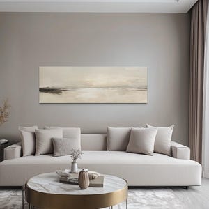 Panoramic Coastal Landscape Neutral Painting Canvas PRINT, Calm Seascape Long Horizontal Above King Bed Wall Art Framed Ready To Hang