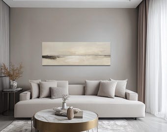 Panoramic Coastal Landscape Neutral Painting Canvas PRINT, Calm Seascape Long Horizontal Above King Bed Wall Art Framed Ready To Hang
