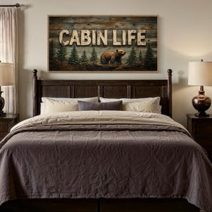 Cabin Sign Wall Art, Bear In The Fir Trees Forest Painting On Wood Printed on Canvas, Rustic Cabin Wall Decor, Framed Ready To Hang