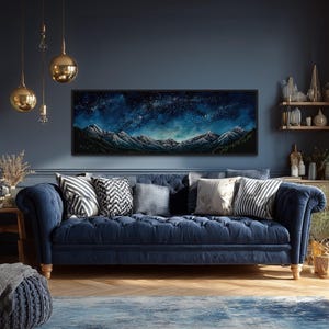 Navy Blue Over Bed Wall Art Men Bedroom, Milky Way Over Mountains Starry Night Sky Painting Long Horizontal Dark Blue Wall Art Ready To Hang